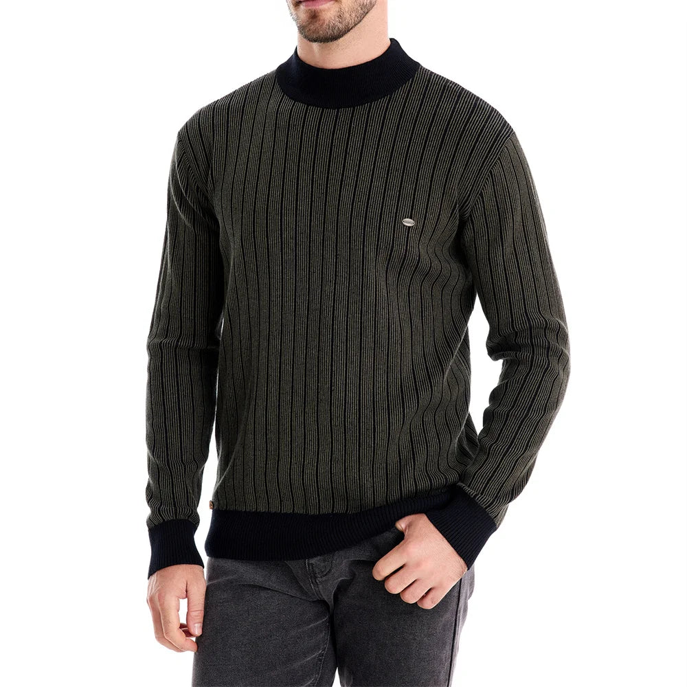 Men’s Mock Neck Cotton Pullover Sweater – Warm Striped Knit