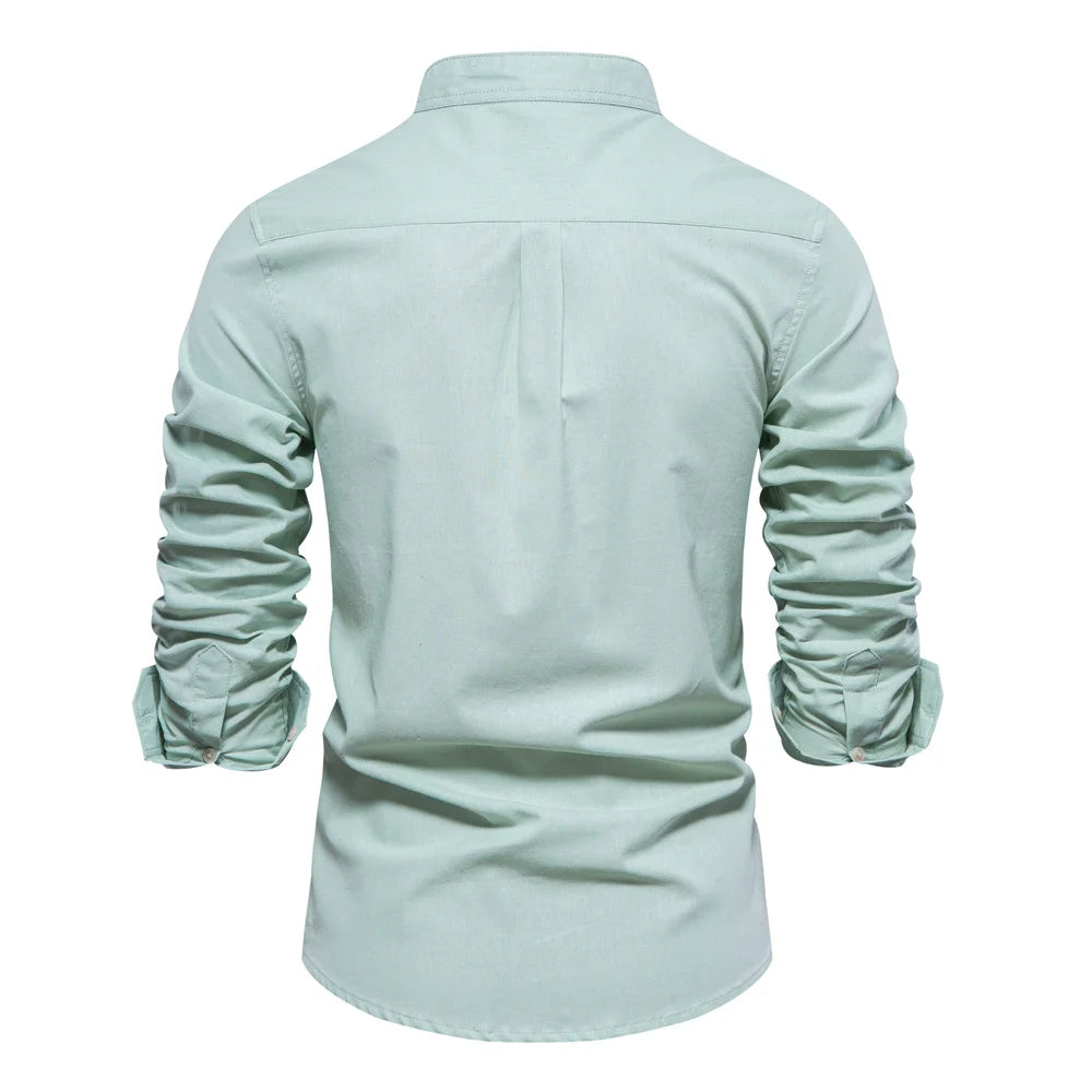 Men's 100% Cotton Shirt – Breathable Stand Collar Long Sleeve