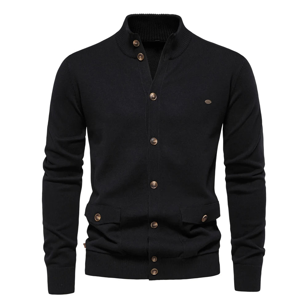 Men’s Knit Mock Neck Cotton Cardigan – Button-Up Autumn Sweater Jacket