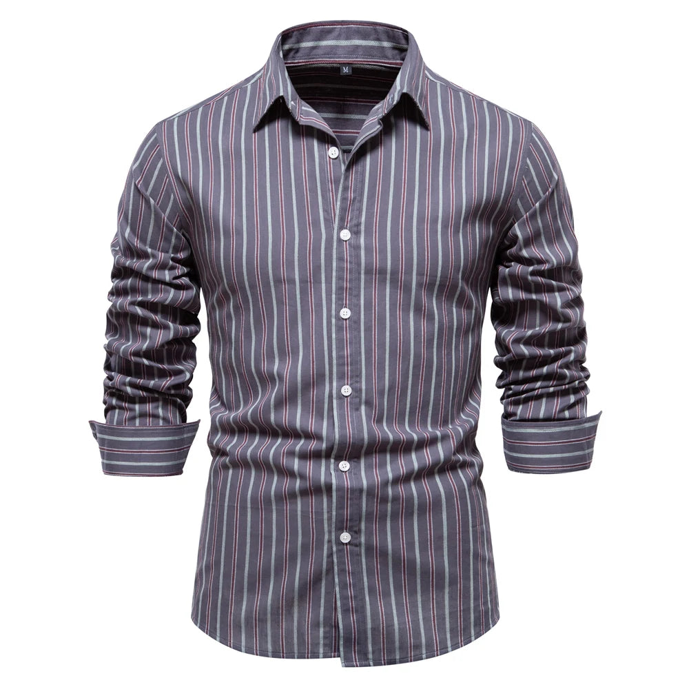 Men’s 100% Cotton Striped Shirt – Long Sleeve Turn-Down Collar Business Shirt