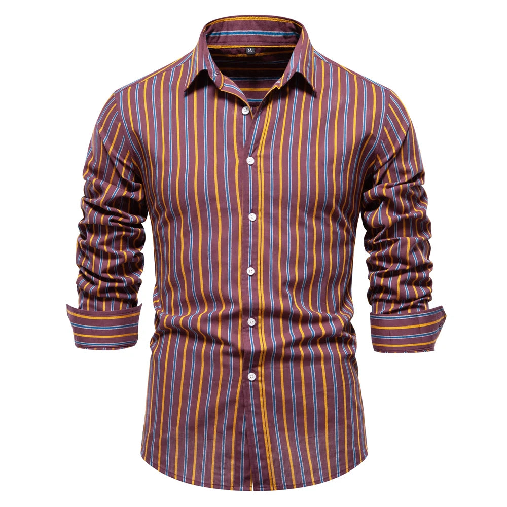 Men’s 100% Cotton Striped Shirt – Long Sleeve Turn-Down Collar Business Shirt