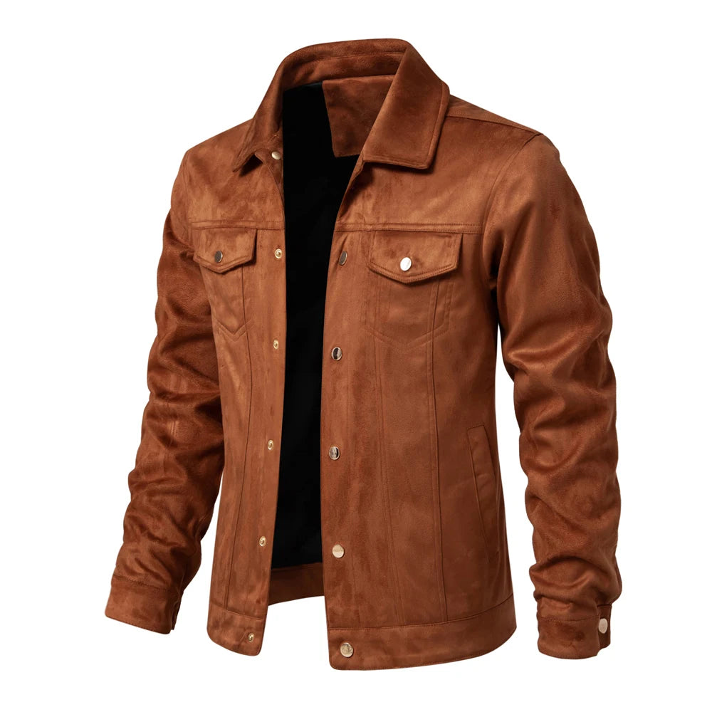 Men’s Suede Leather Jacket – Autumn Winter Luxury Casual Turn-Down Collar