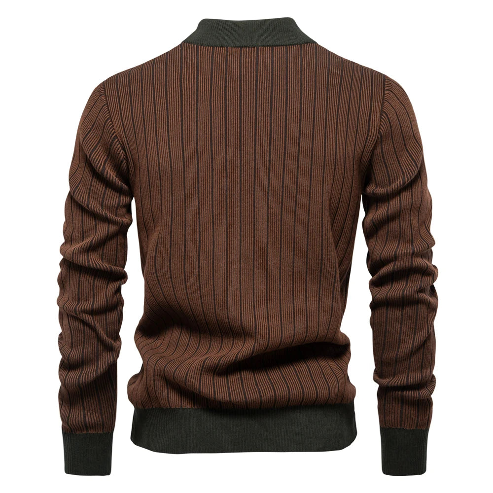 Men’s Mock Neck Cotton Pullover Sweater – Warm Striped Knit