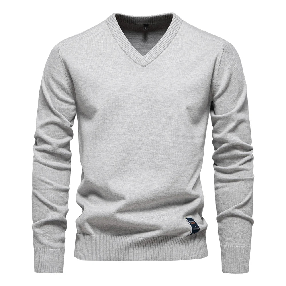 Men’s V-Neck Cotton Pullover Sweater – Casual Knitted Long Sleeve