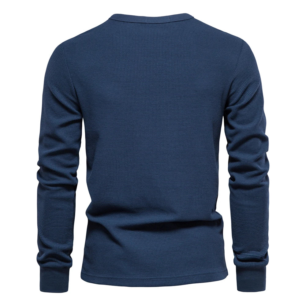 Men's Waffle Cotton Long Sleeve T-Shirt with Pocket - Breathable Spring Basic