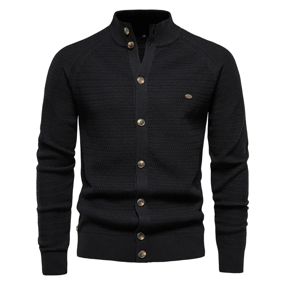 Men’s High-Quality Cotton Button Mock Neck Cardigan – Winter Sweater