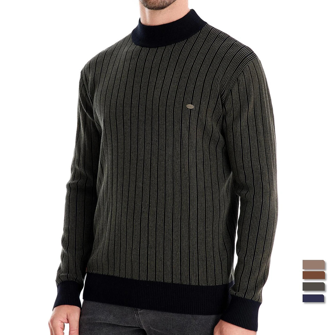 Men’s Mock Neck Cotton Pullover Sweater – Warm Striped Knit