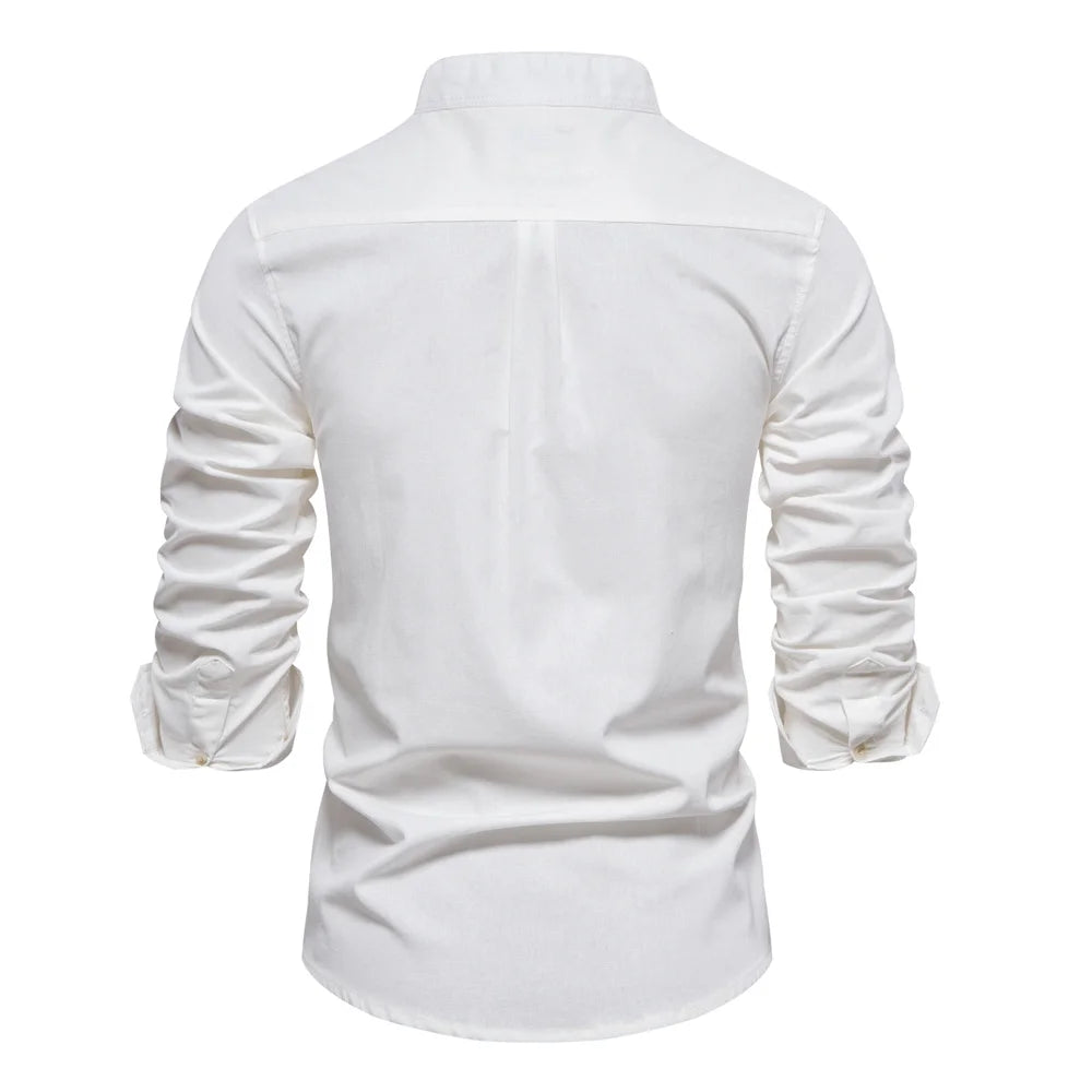 Men's 100% Cotton Shirt – Breathable Stand Collar Long Sleeve