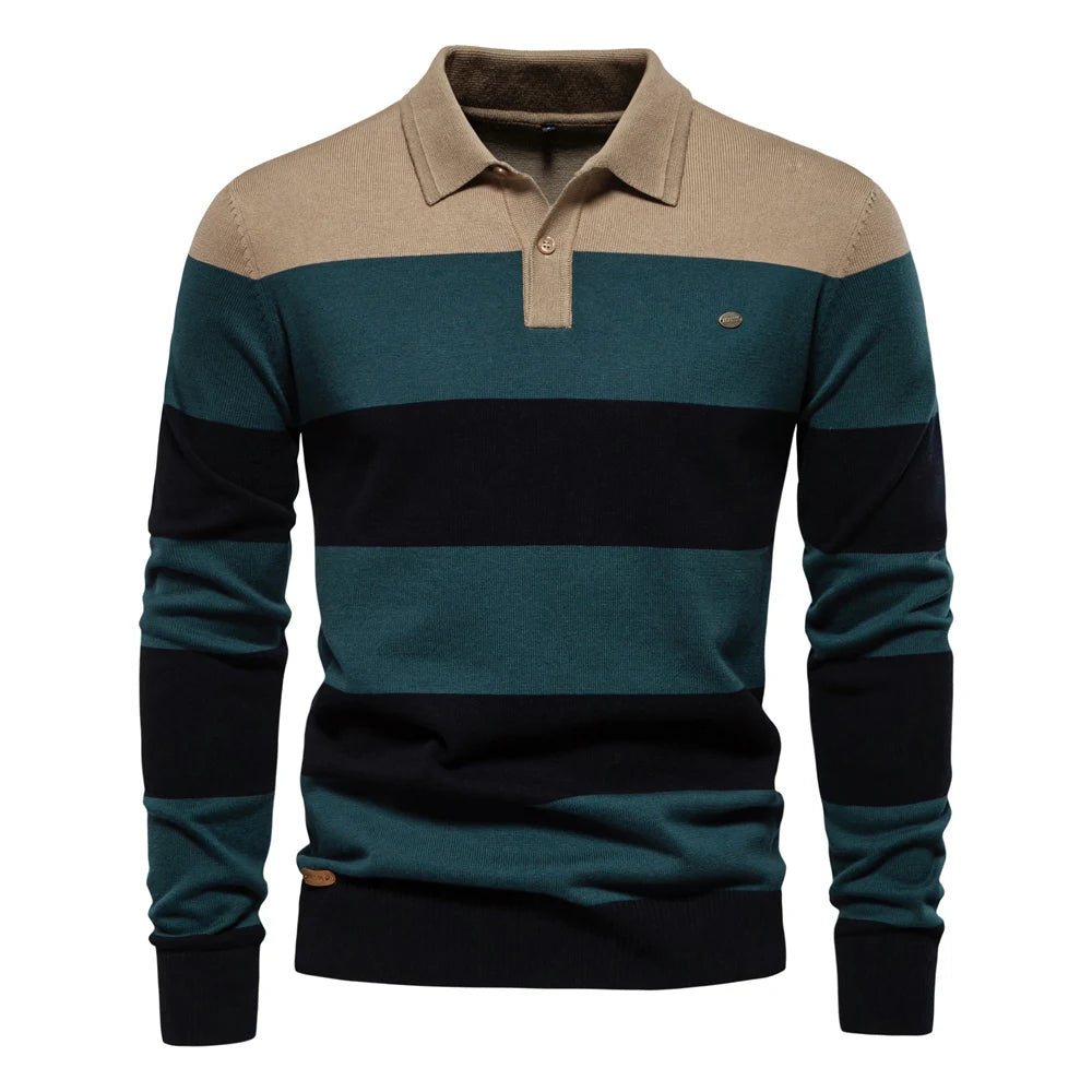 Men's Striped Cotton Knit Sweater – Polo Collar Button-Up