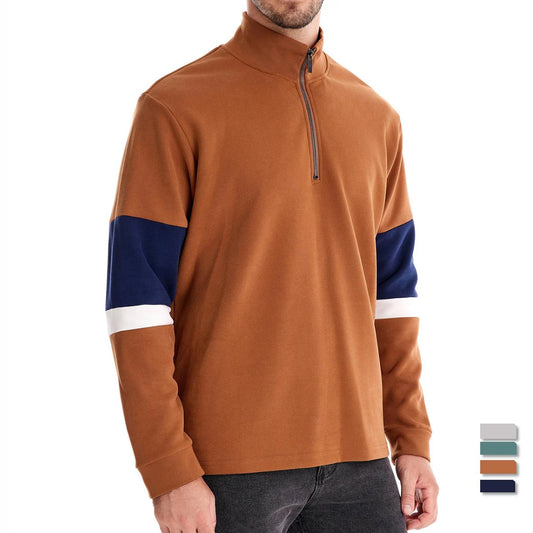 Men's Patchwork Quarter-Zip Sweatshirt - Cotton-Blend Casual Pullover