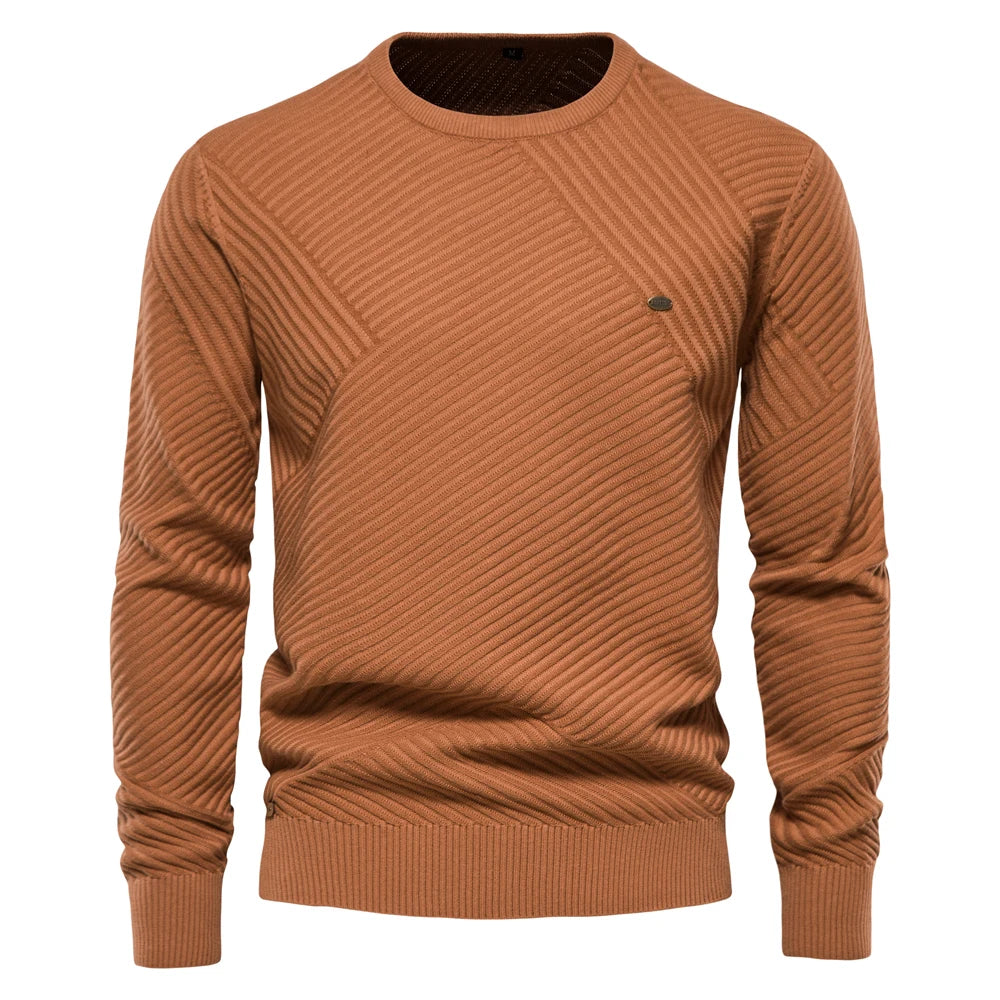 Men's Solid Color Cotton Sweater - Striped O-Neck Knitted Pullover