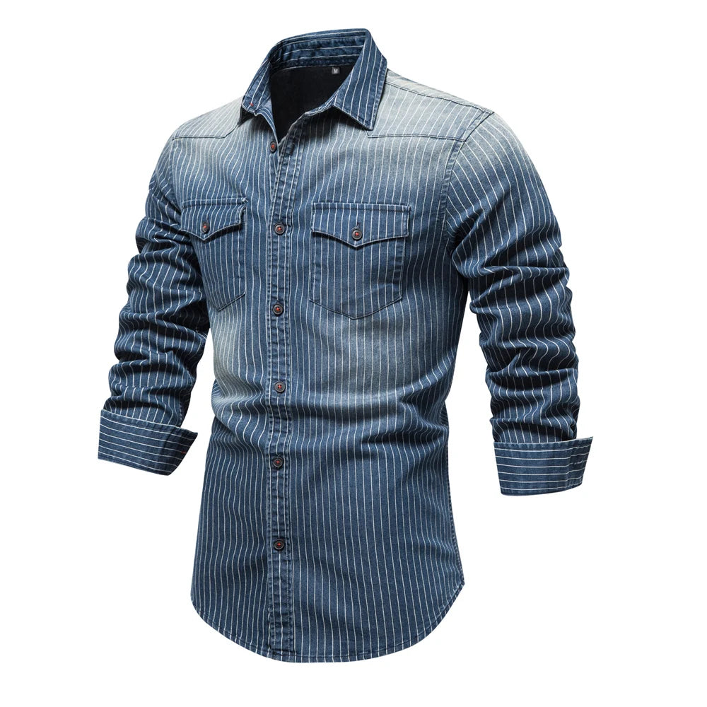 Men’s Striped Denim Shirt – Cotton Stretch Long Sleeve Casual Slim Fit