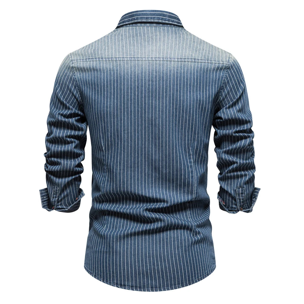 Men’s Striped Denim Shirt – Cotton Stretch Long Sleeve Casual Slim Fit