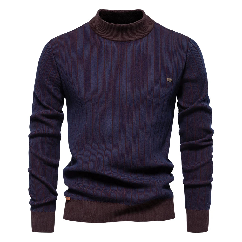 Men’s Mock Neck Cotton Pullover Sweater – Warm Striped Knit