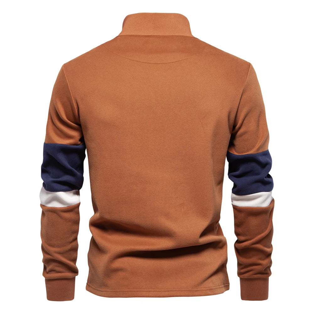 Men's Patchwork Quarter-Zip Sweatshirt - Cotton-Blend Casual Pullover