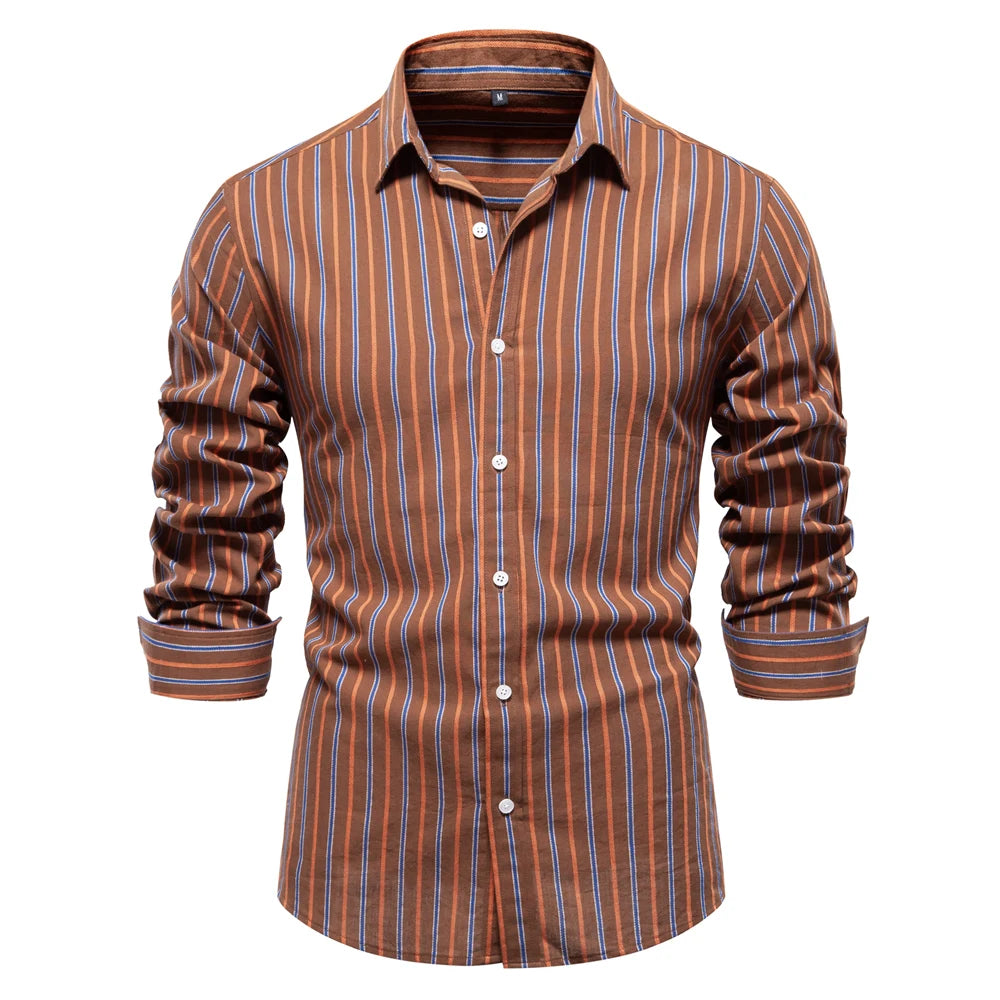 Men’s 100% Cotton Striped Shirt – Long Sleeve Turn-Down Collar Business Shirt