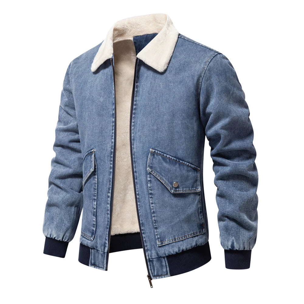 Men’s Autumn Winter Fleece-Lined Denim Jacket – Fur Collar Warm Coat