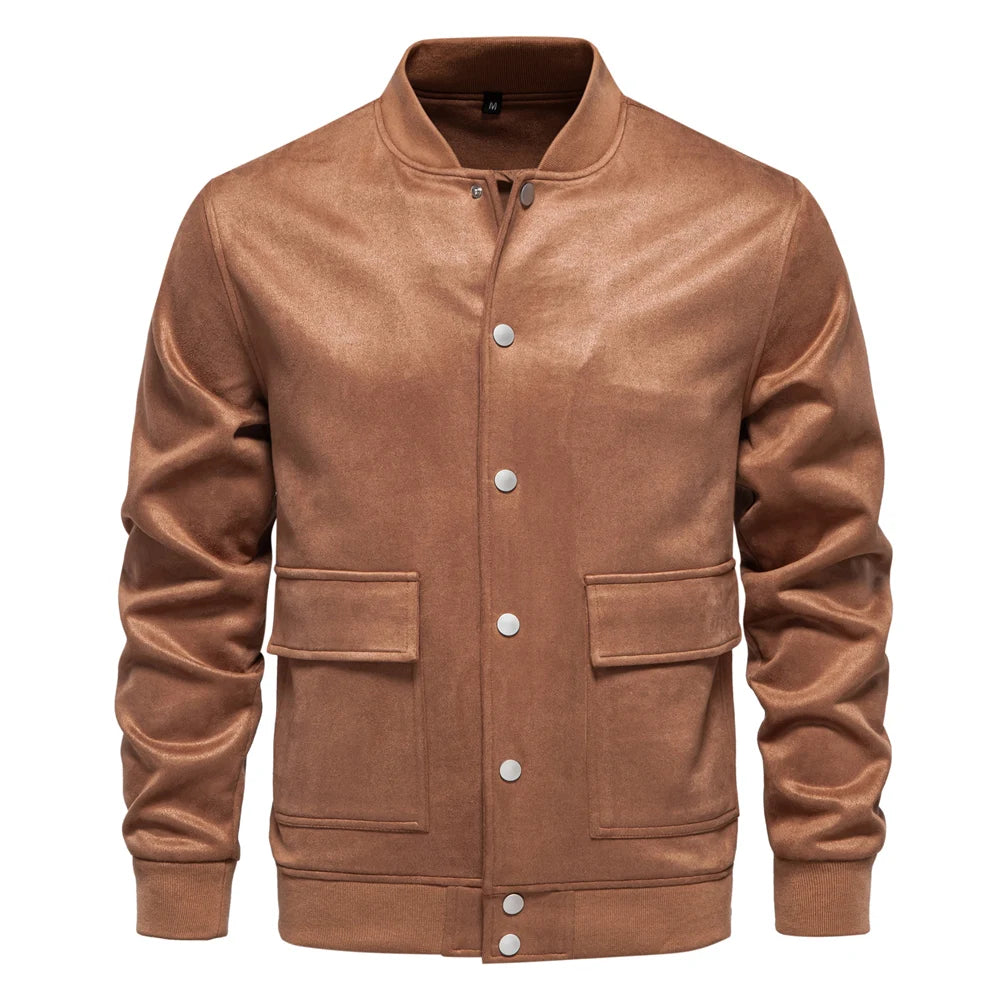 Men’s Suede Button-Up Bomber Jacket – Casual Baseball Style Outwear