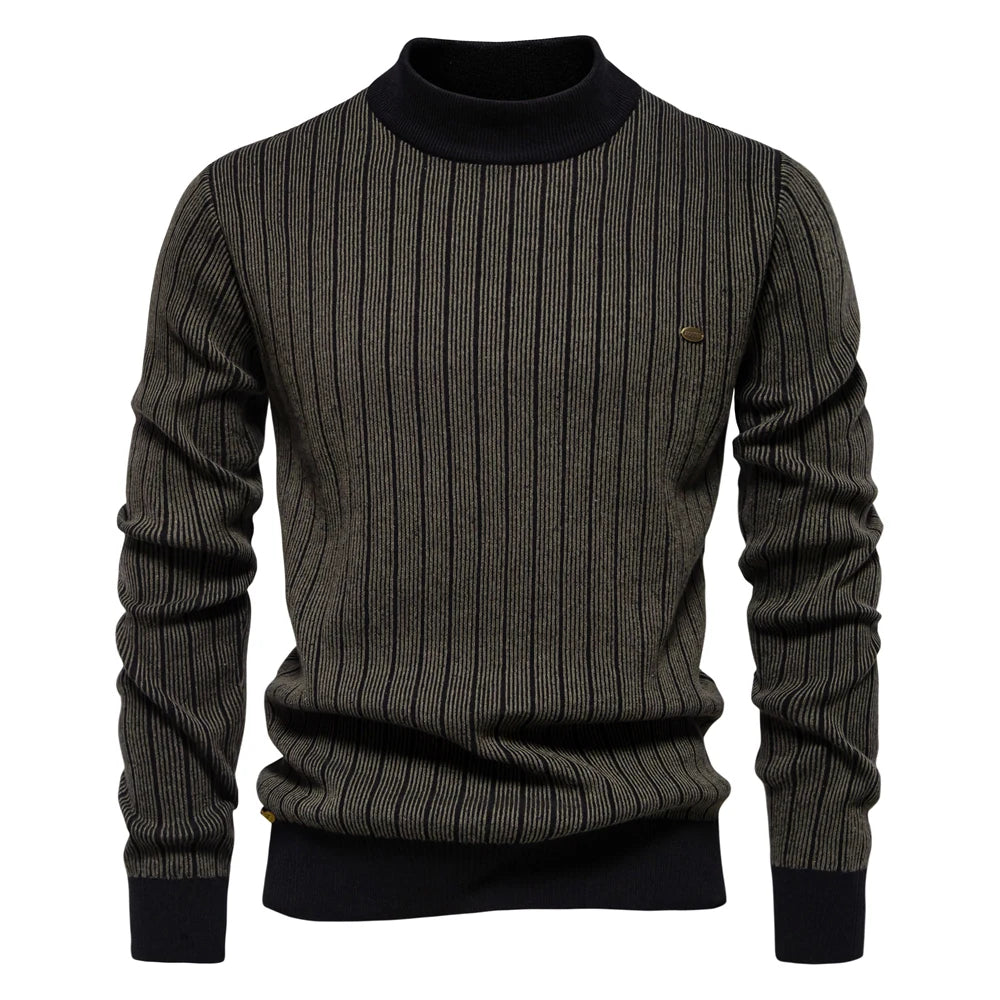 Men’s Mock Neck Cotton Pullover Sweater – Warm Striped Knit