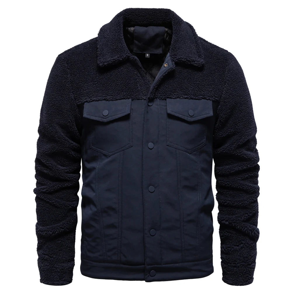 Men’s Sherpa Fleece Jacket – Warm Patchwork Fur Collar