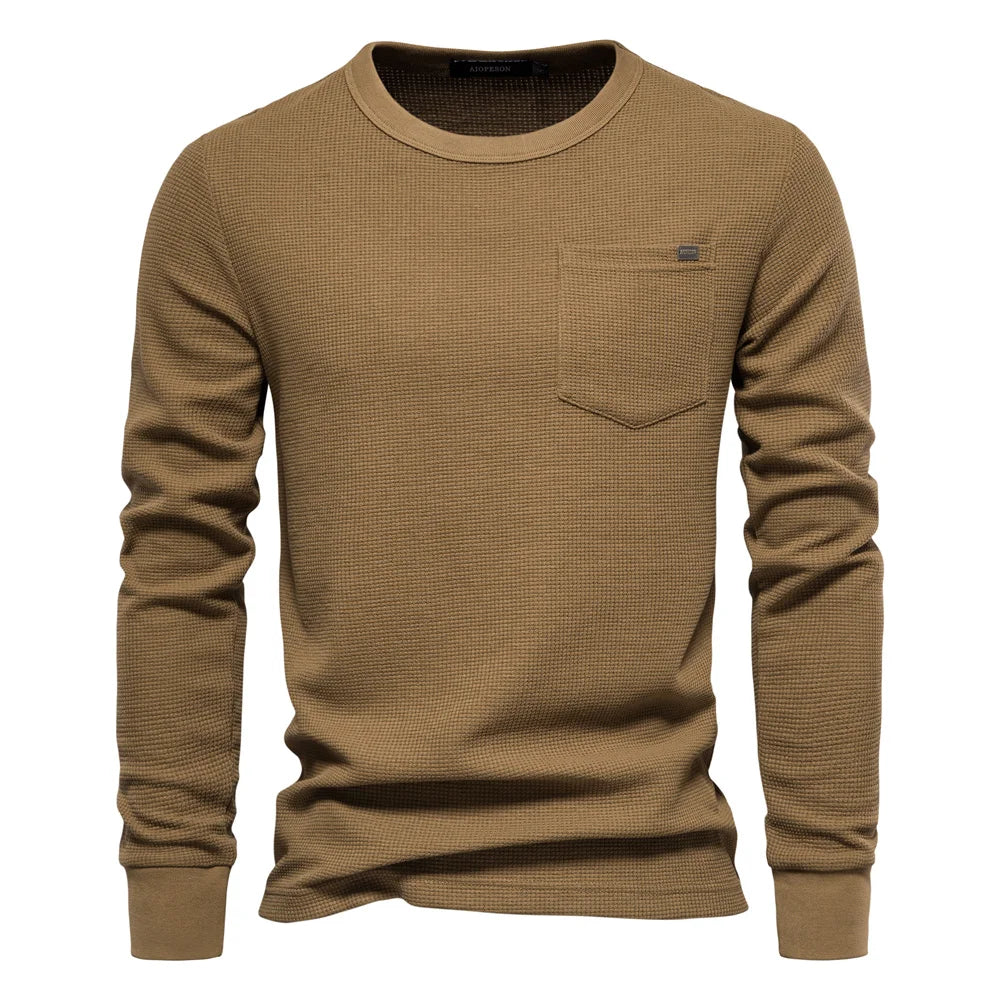 Men's Waffle Cotton Long Sleeve T-Shirt with Pocket - Breathable Spring Basic