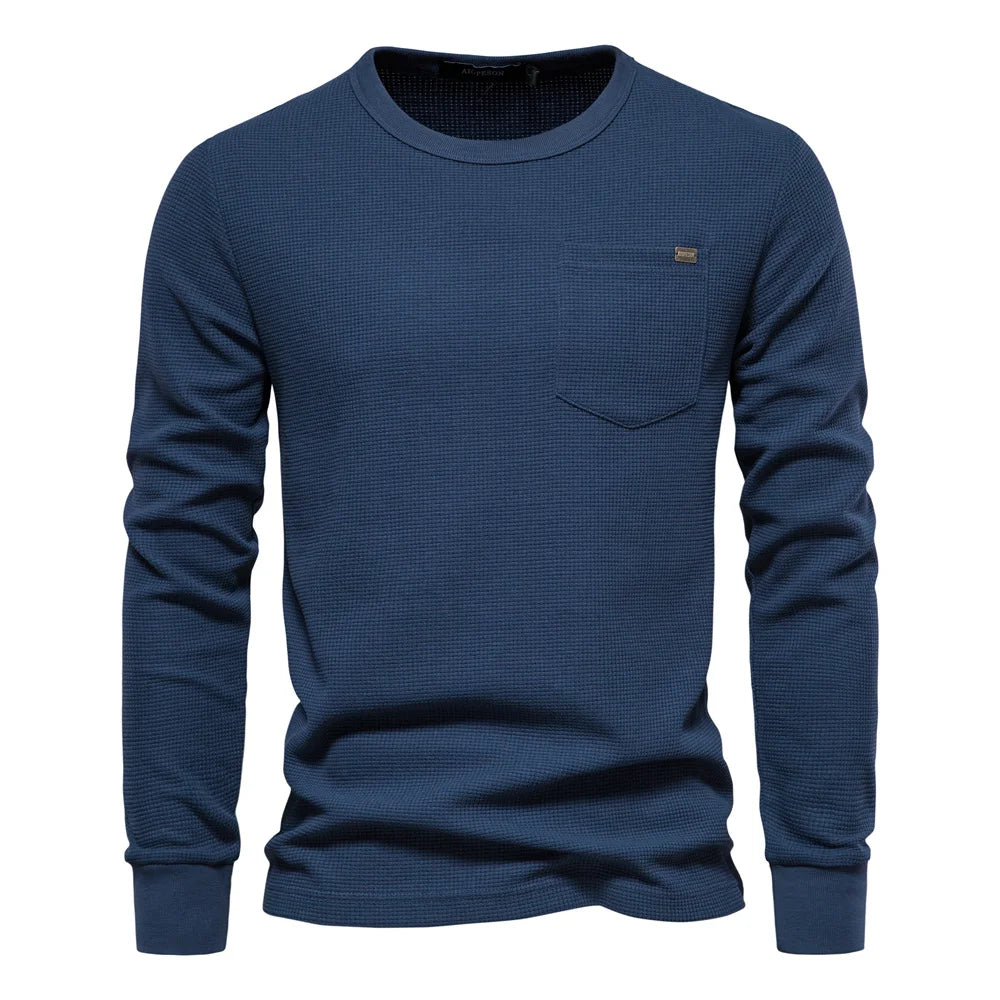 Men's Waffle Cotton Long Sleeve T-Shirt with Pocket - Breathable Spring Basic