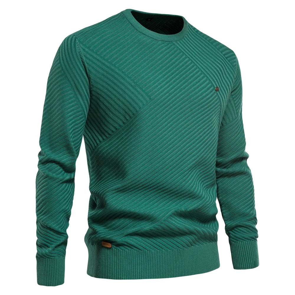 Men's Solid Color Cotton Sweater - Striped O-Neck Knitted Pullover