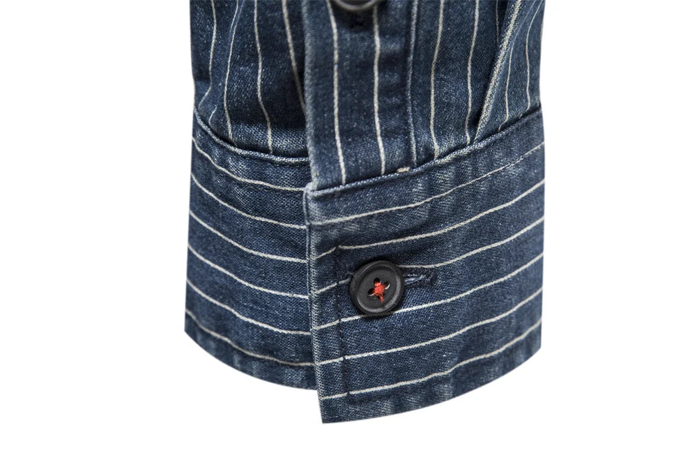 Men’s Striped Denim Shirt – Cotton Stretch Long Sleeve Casual Slim Fit