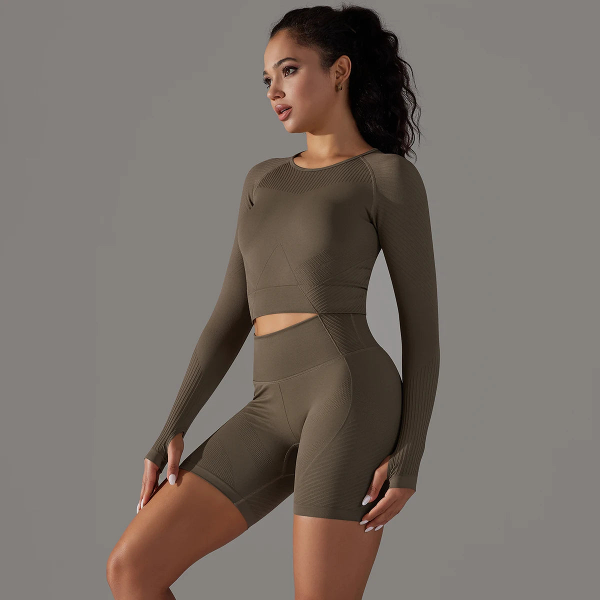 Seamless Shorts & Long Sleeve Crop Top Set