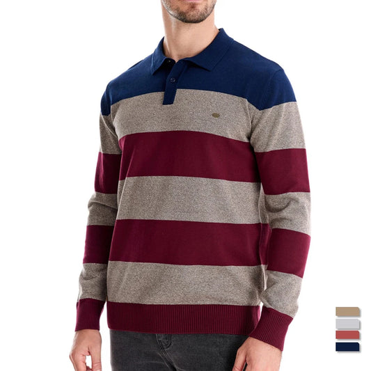 Men's Striped Cotton Knit Sweater – Polo Collar Button-Up