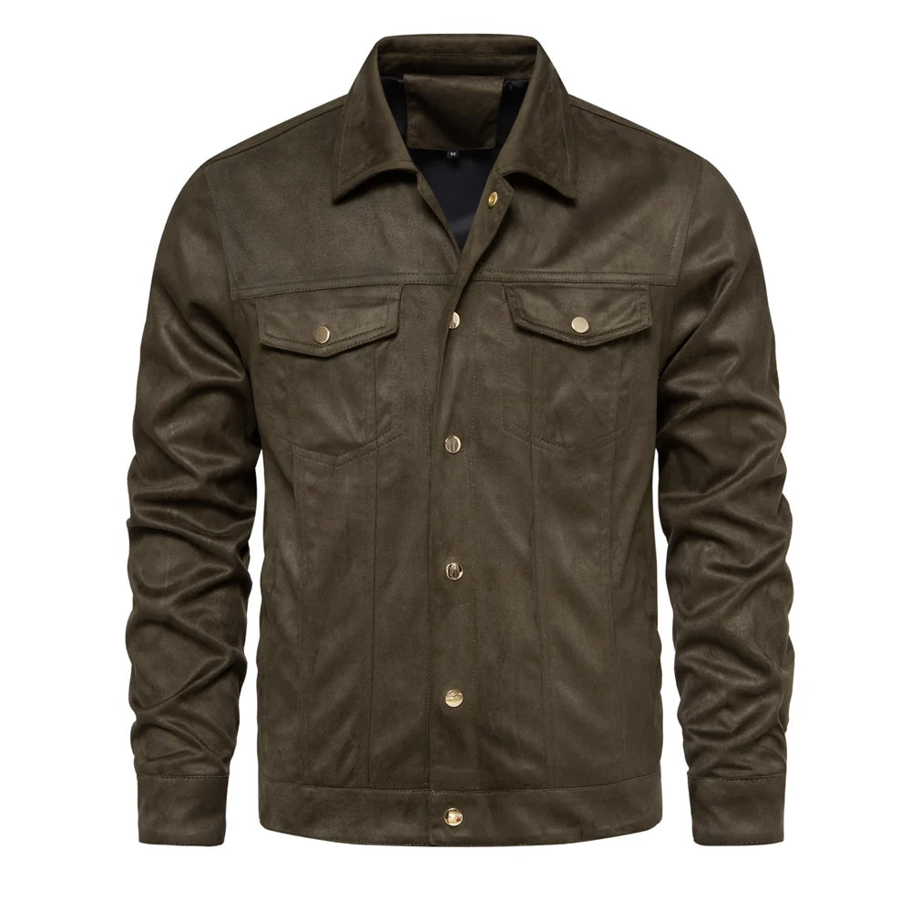 Men’s Suede Leather Jacket – Autumn Winter Luxury Casual Turn-Down Collar