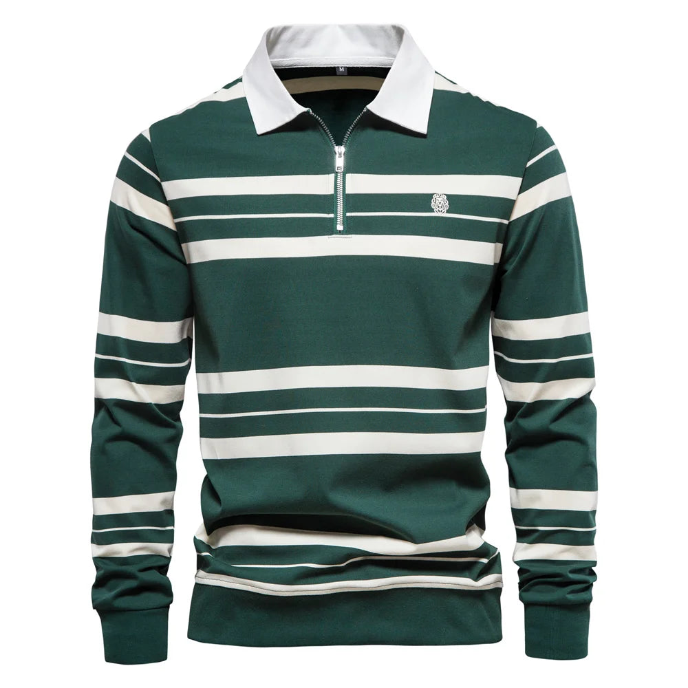 Men’s Cotton Striped Polo Shirt – Long Sleeve Zipper Design