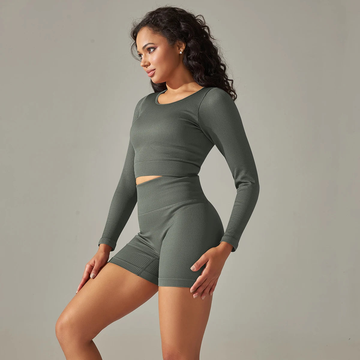 Seamless Set with Long Sleeve Crop Top & Shorts