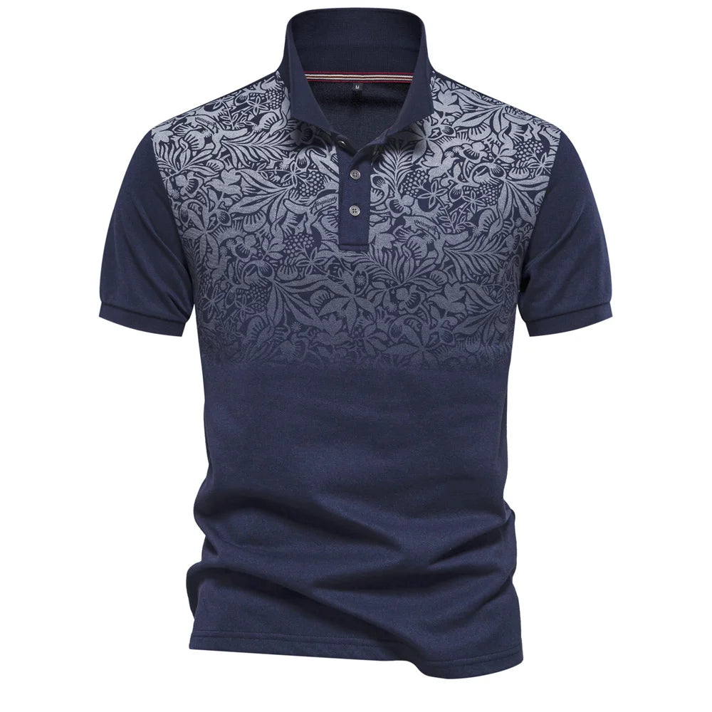 Men’s Gradient Printed Cotton Blend Polo Shirt – Summer Short Sleeve