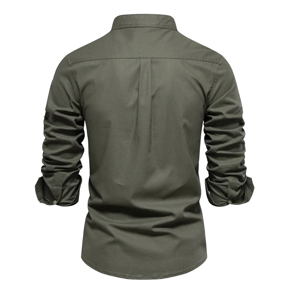 Men's 100% Cotton Shirt – Breathable Stand Collar Long Sleeve