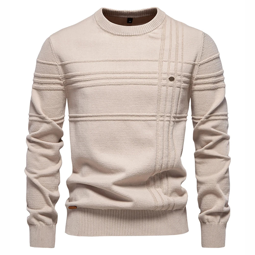 Men's Striped Cotton Knit Sweater - Crewneck Pullover