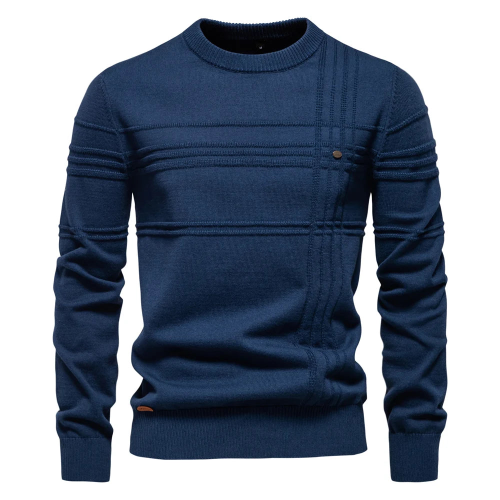 Men's Striped Cotton Knit Sweater - Crewneck Pullover