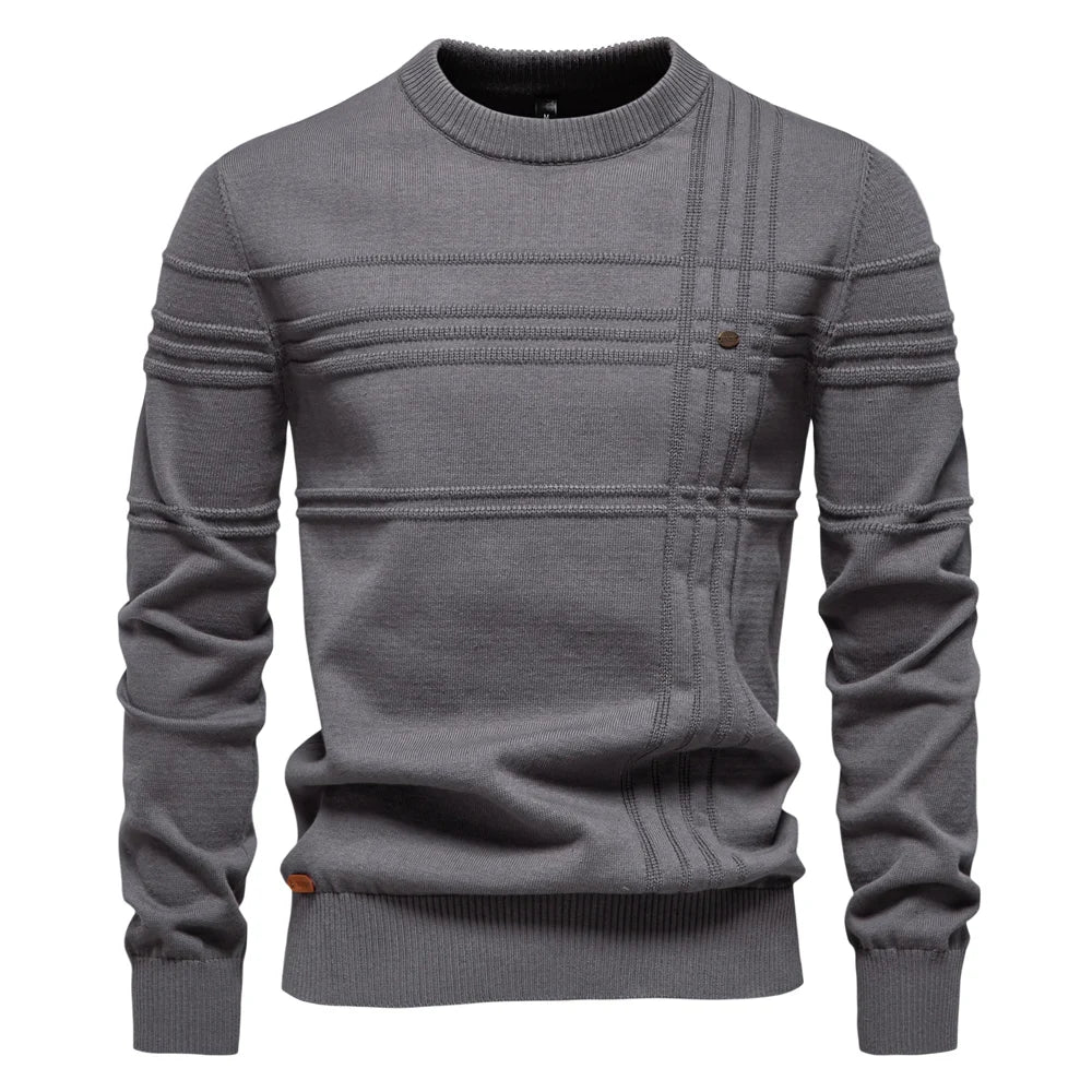 Men's Striped Cotton Knit Sweater - Crewneck Pullover