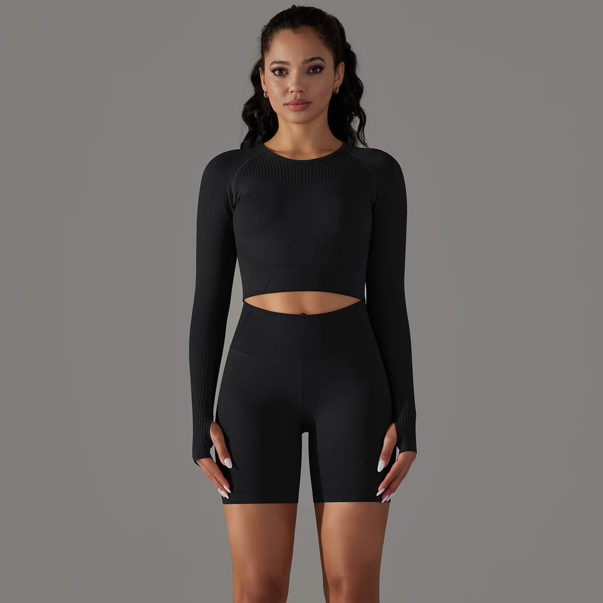 Seamless Shorts & Long Sleeve Crop Top Set