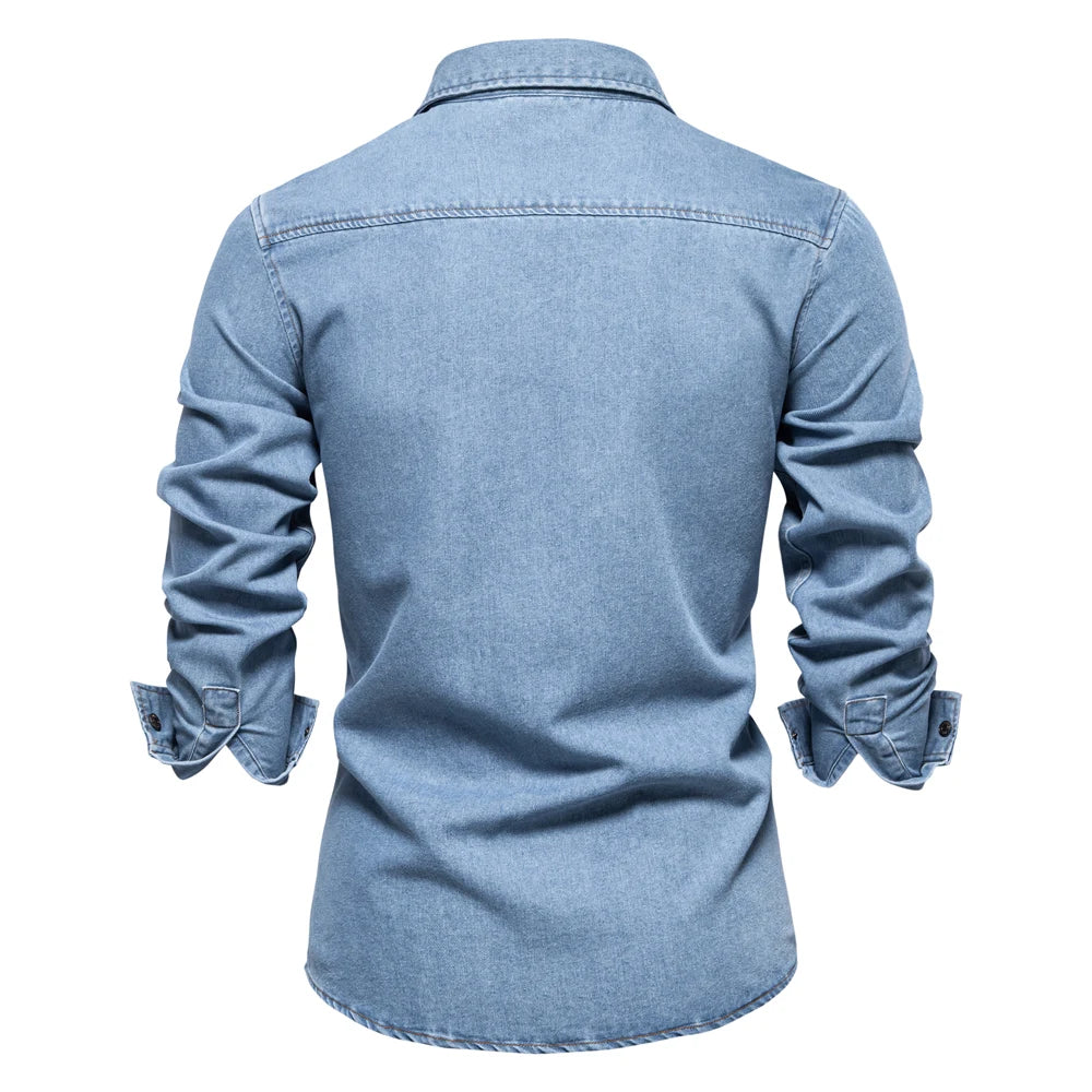 Men’s 100% Cotton Denim Shirt – Autumn Thick Cowboy Button-Up