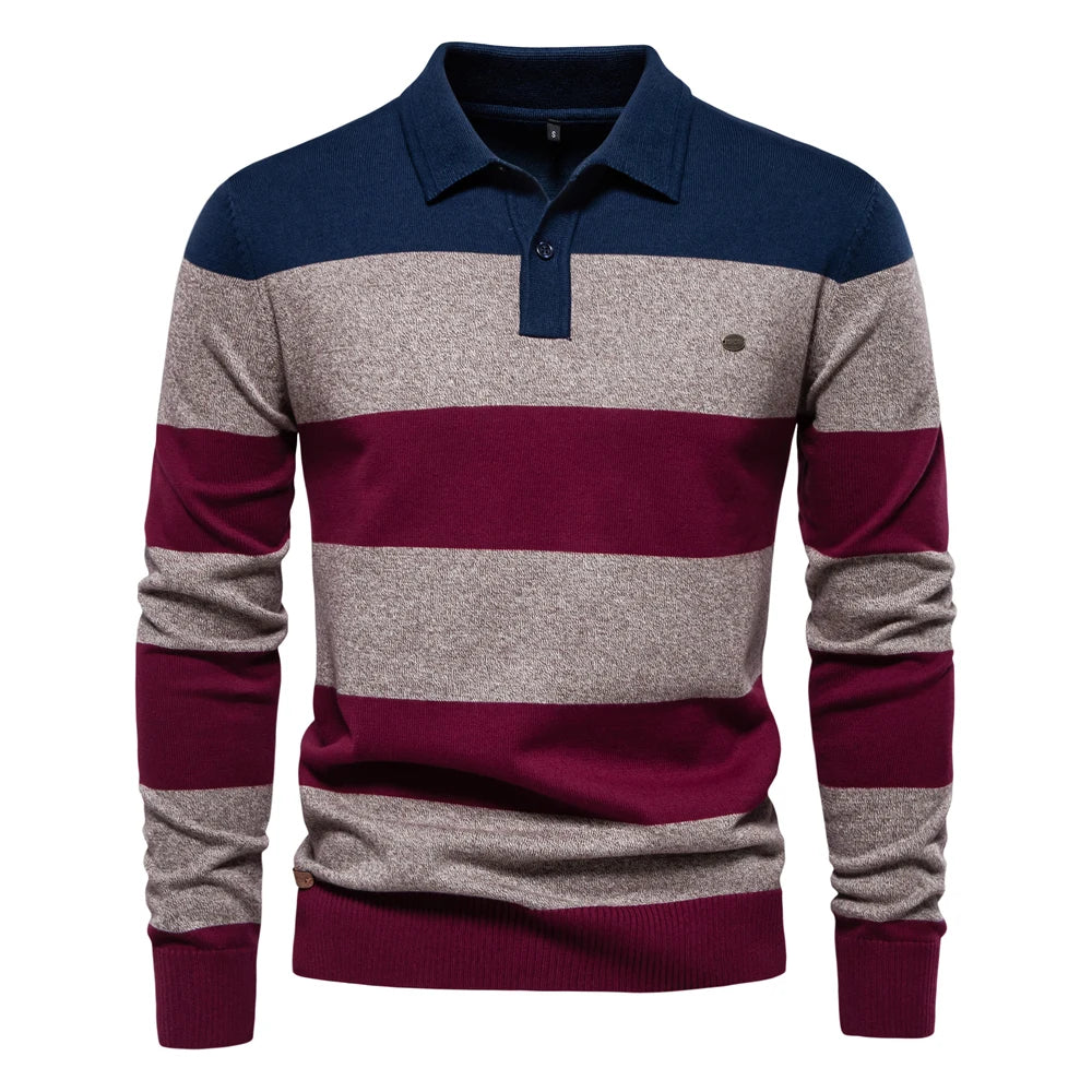 Men's Striped Cotton Knit Sweater – Polo Collar Button-Up