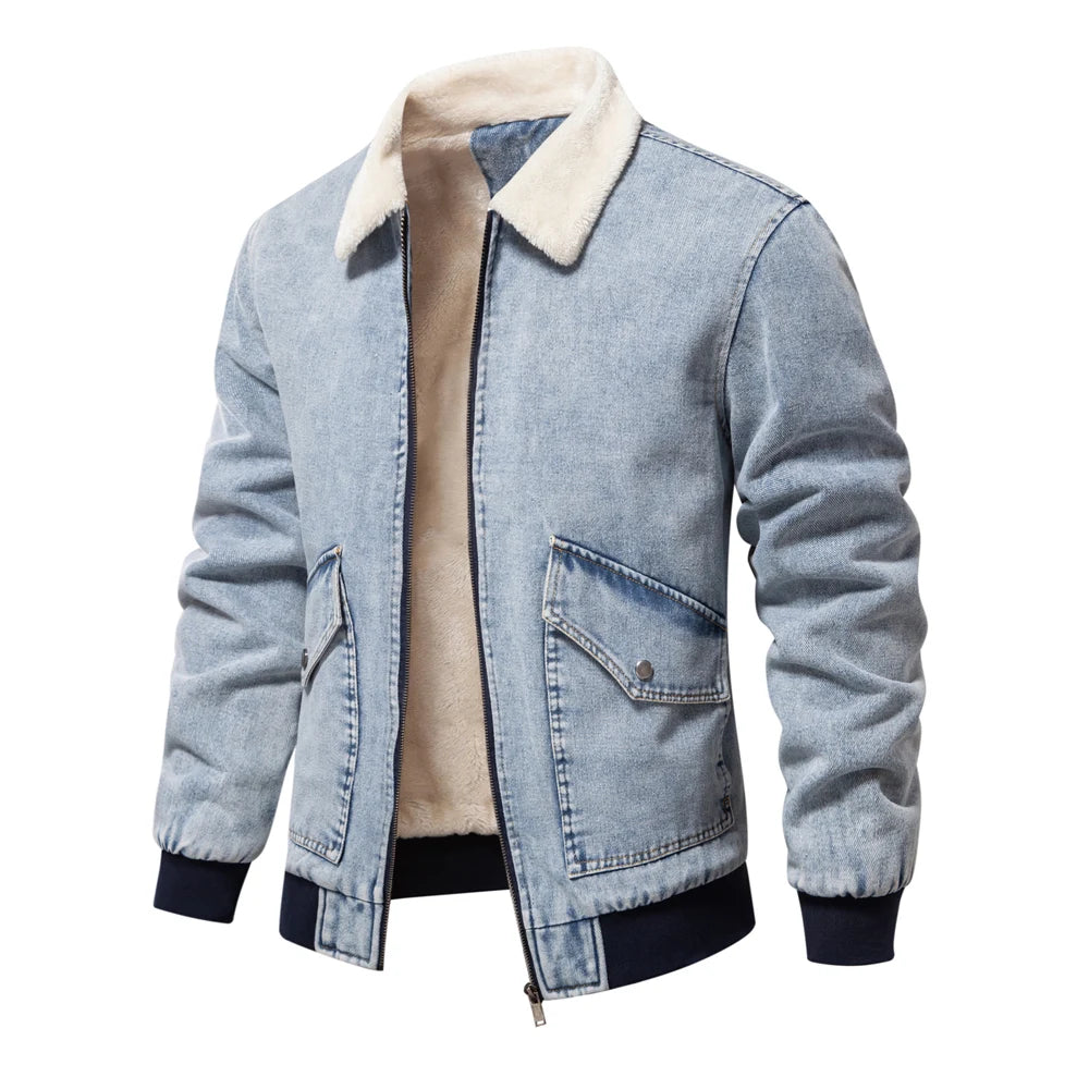 Men’s Autumn Winter Fleece-Lined Denim Jacket – Fur Collar Warm Coat