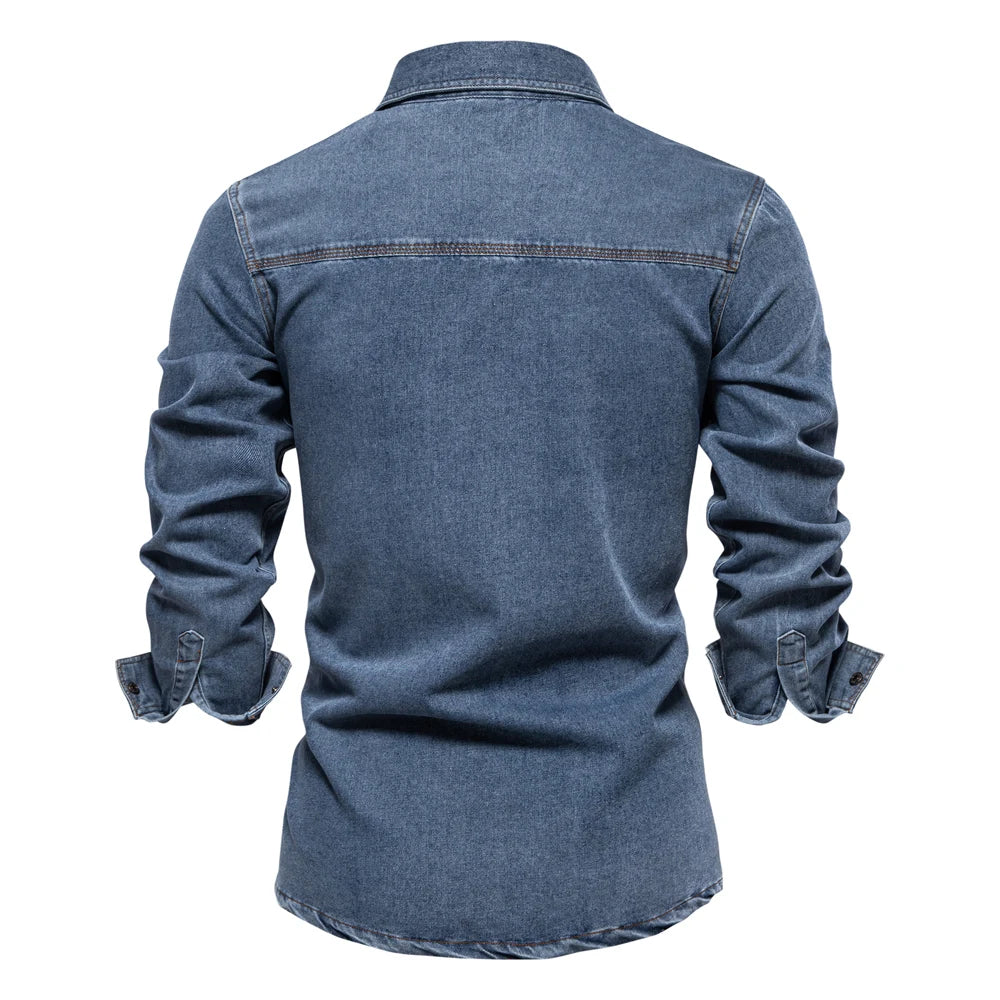 Men’s 100% Cotton Denim Shirt – Long Sleeve Casual Western Style