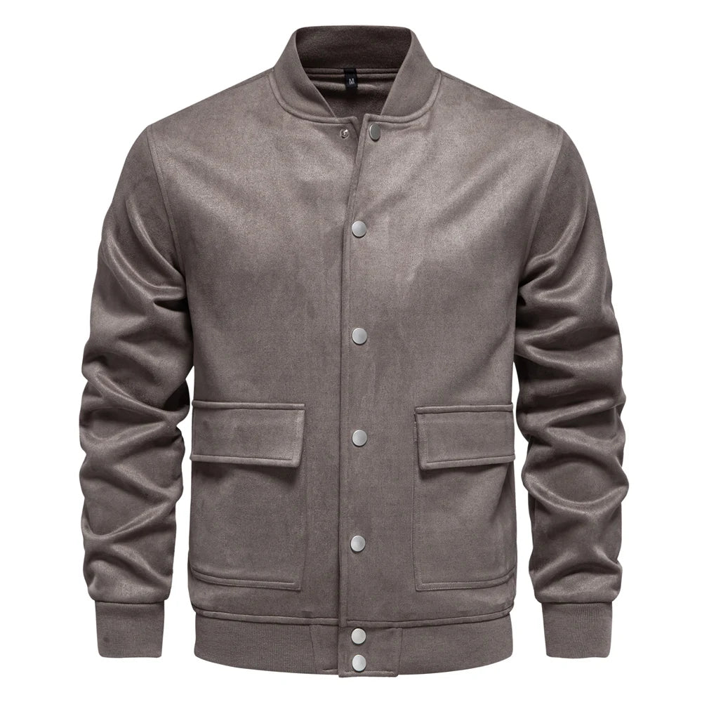 Men’s Suede Button-Up Bomber Jacket – Casual Baseball Style Outwear