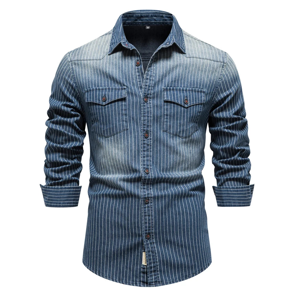 Men’s Striped Denim Shirt – Cotton Stretch Long Sleeve Casual Slim Fit