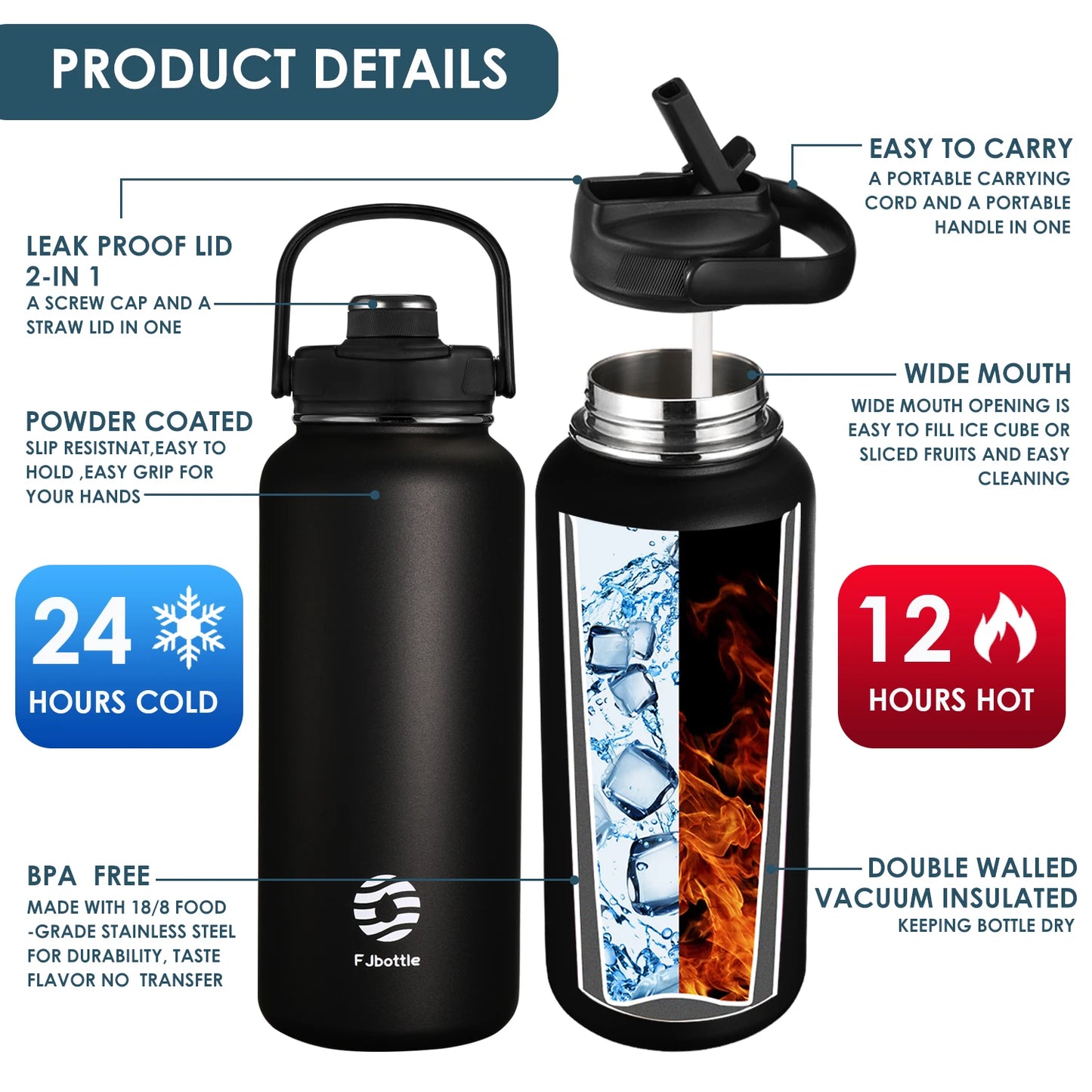 Stainless Steel Travel Thermos with Straw & Handle – Insulated Water Bottle (950ml/1200ml)