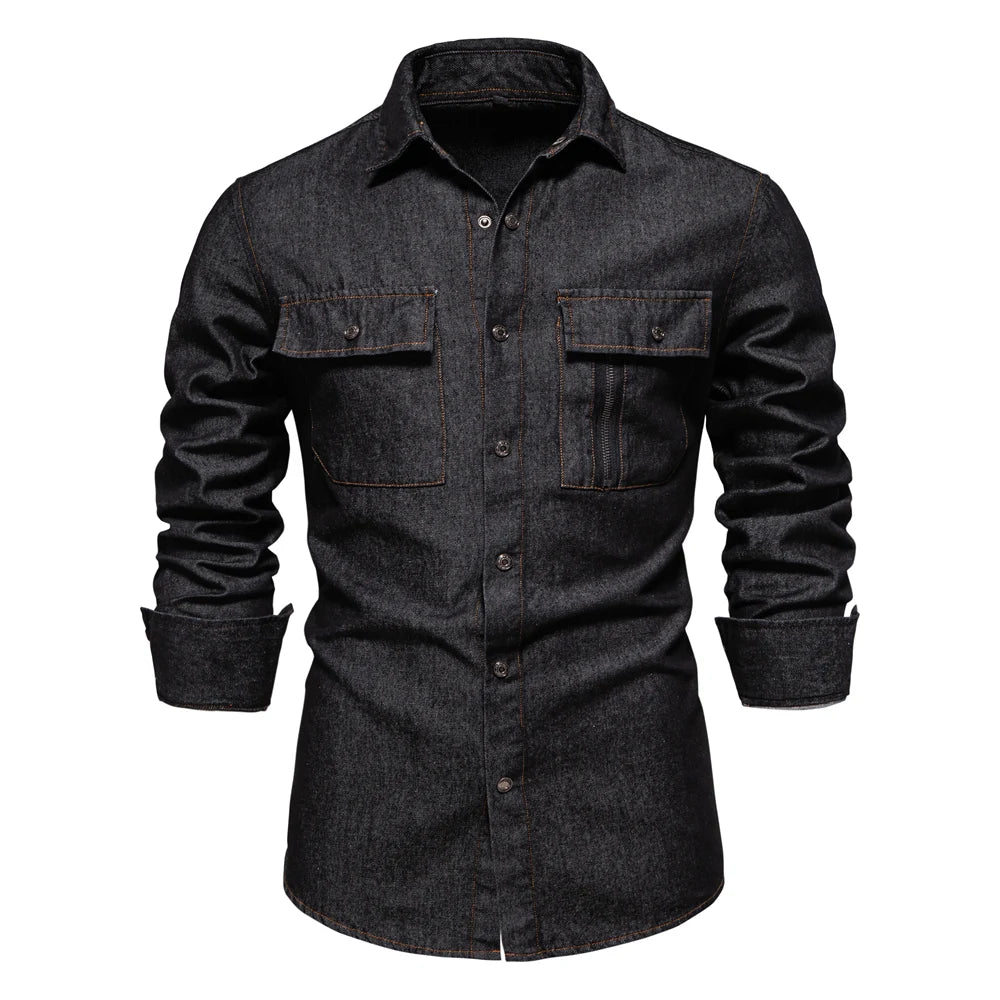 Men’s 100% Cotton Denim Shirt – Autumn Thick Cowboy Button-Up