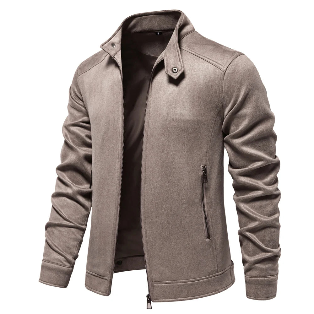 Men’s Stand Collar Zip Suede Jacket – Casual Faux Leather Trucker Coat