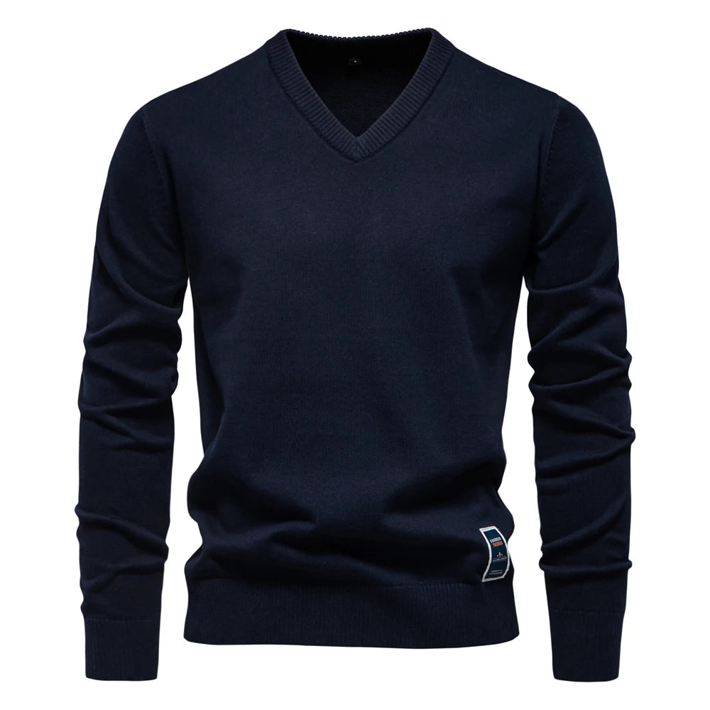 Men’s V-Neck Cotton Pullover Sweater – Casual Knitted Long Sleeve