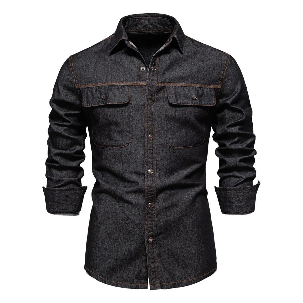 Men’s 100% Cotton Denim Shirt – Long Sleeve Casual Western Style